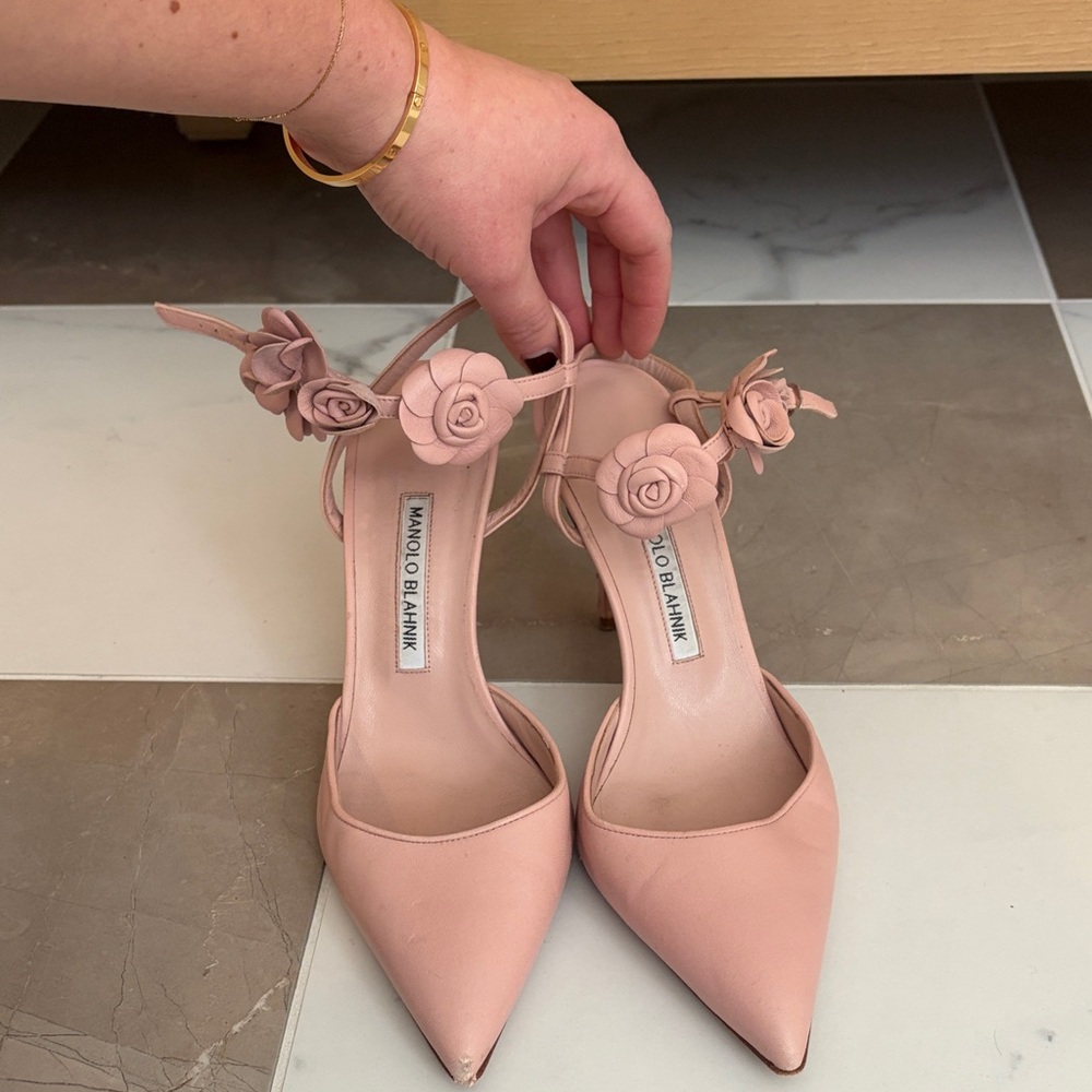 Manolo Blahnik Blush Pink Heels with Floral Detail